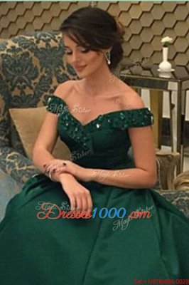 Dark Green Off The Shoulder Zipper Beading Prom Evening Gown Short Sleeves