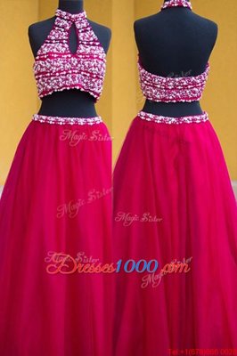 Halter Top Fuchsia Backless Homecoming Dress Beading Sleeveless Floor Length