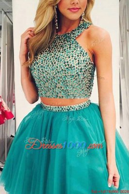 Turquoise Organza Zipper Scoop Sleeveless Knee Length Cocktail Dresses Beading