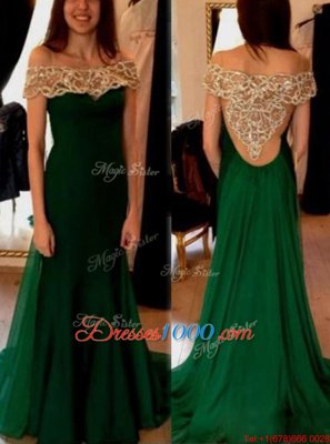 Pleated Dark Green Evening Dress Off The Shoulder Short Sleeves Sweep Train Side Zipper