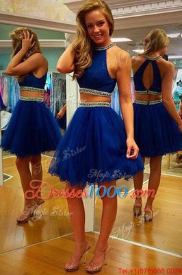 Halter Top Mini Length A-line Sleeveless Royal Blue Club Wear Zipper