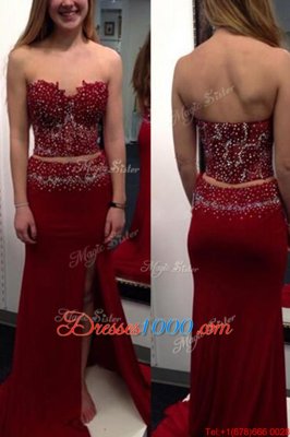 Wine Red Sweetheart Neckline Beading Prom Evening Gown Sleeveless Side Zipper