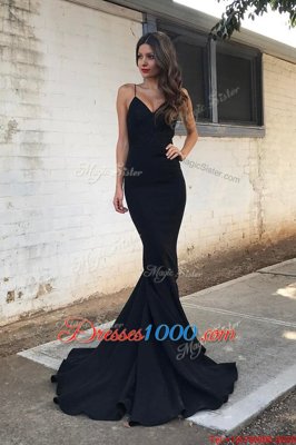 Mermaid Spaghetti Straps Sleeveless Sweep Train Zipper Prom Gown Black Elastic Woven Satin