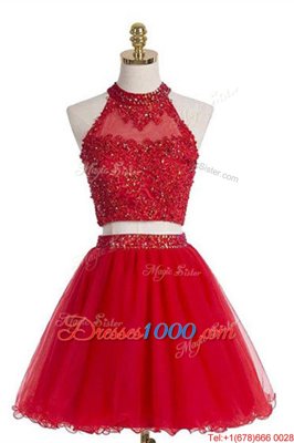 Red Two Pieces Tulle Halter Top Sleeveless Beading Knee Length Zipper Dress for Prom