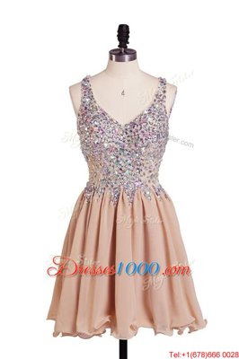 Edgy Peach V-neck Neckline Beading Cocktail Dresses Sleeveless Side Zipper