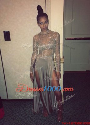 Modern Grey Satin Zipper Scoop Long Sleeves Floor Length Prom Evening Gown Beading