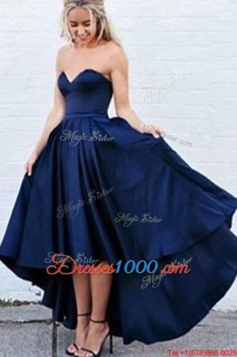 Best Navy Blue Satin Zipper Sweetheart Sleeveless High Low Evening Dress Pleated