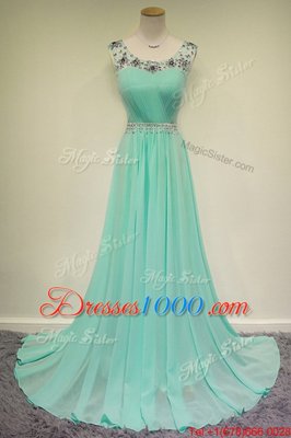 Wonderful Scoop With Train Turquoise Chiffon Brush Train Sleeveless Beading