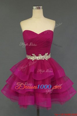 Elegant Knee Length Fuchsia Organza Sleeveless Beading and Ruffled Layers