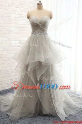 Amazing Tulle Sweetheart Sleeveless Court Train Lace Up Beading Evening Dress in Grey