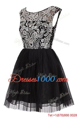 Black Zipper Bateau Beading Cocktail Dresses Tulle Cap Sleeves