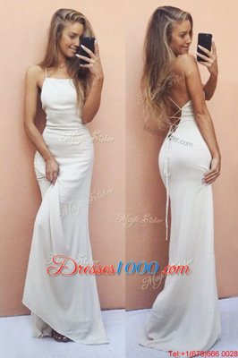 Gorgeous White Lace Up Spaghetti Straps Ruching Dress for Prom Chiffon Sleeveless Sweep Train