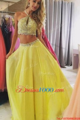 Halter Top Sleeveless Zipper Prom Dresses Yellow Chiffon