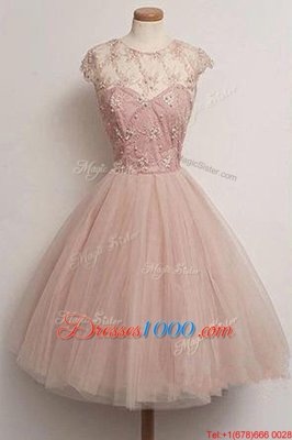 Modern A-line Cocktail Dresses Pink Scoop Tulle Cap Sleeves Knee Length Zipper