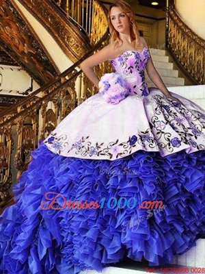 High Class Floor Length Ball Gowns Sleeveless Blue And White Quinceanera Gowns Lace Up