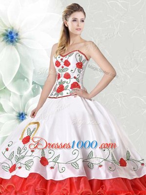 Custom Design White and Red Sweetheart Neckline Embroidery and Ruffled Layers Quinceanera Dress Sleeveless Lace Up