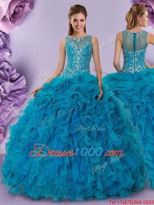 Enchanting Teal Zipper Scoop Beading and Ruffles 15 Quinceanera Dress Organza Sleeveless