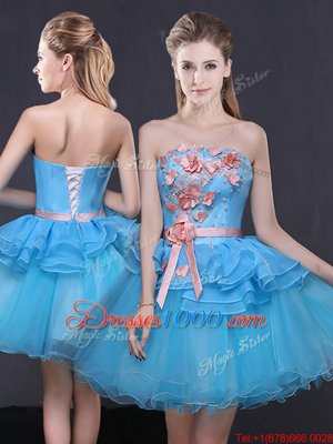 Sleeveless Tulle Mini Length Lace Up Prom Evening Gown in Blue for with Hand Made Flower