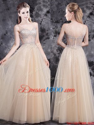 Artistic Beading Evening Dress Champagne Zipper Sleeveless Floor Length