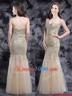 Sexy Mermaid Sweetheart Sleeveless Zipper Evening Dress Champagne Tulle