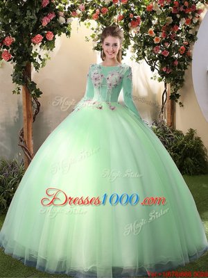 Custom Designed Apple Green Ball Gowns Scoop Long Sleeves Tulle Floor Length Lace Up Appliques Quinceanera Dress