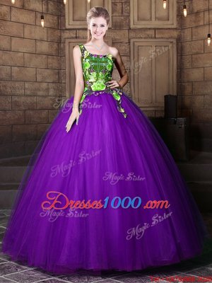 Best Selling One Shoulder Eggplant Purple Sleeveless Floor Length Pattern Lace Up Vestidos de Quinceanera