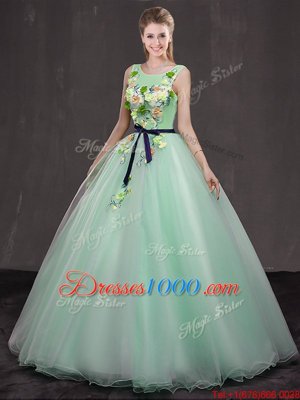 Pretty Scoop Apple Green Organza Lace Up Vestidos de Quinceanera Sleeveless Floor Length Appliques