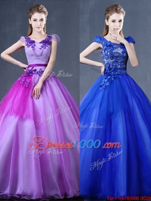 Purple Short Sleeves Organza Lace Up Quinceanera Dress for Military Ball and Sweet 16 and Quinceanera