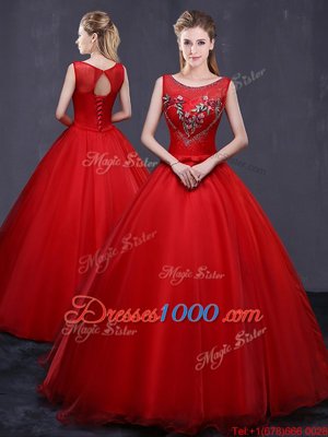 Scoop Red Lace Up Sweet 16 Dress Beading and Embroidery Sleeveless Floor Length