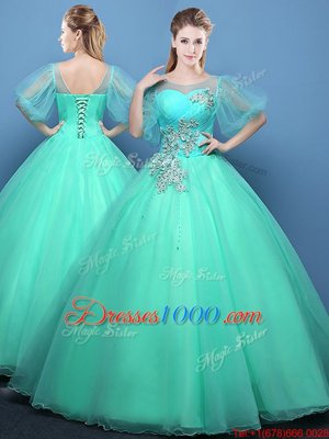 Extravagant Scoop Turquoise Half Sleeves Appliques Floor Length Vestidos de Quinceanera