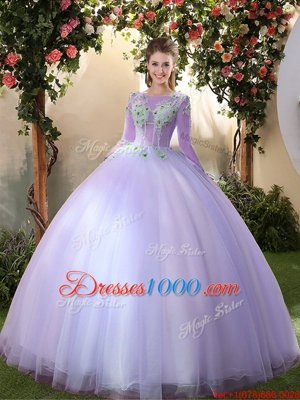 Scoop 3|4 Length Sleeve Sweet 16 Quinceanera Dress Floor Length Appliques Lavender Tulle