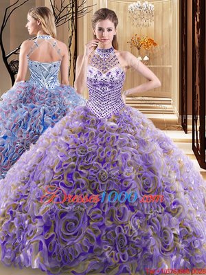 Modest Halter Top Multi-color Lace Up Vestidos de Quinceanera Beading Sleeveless With Brush Train