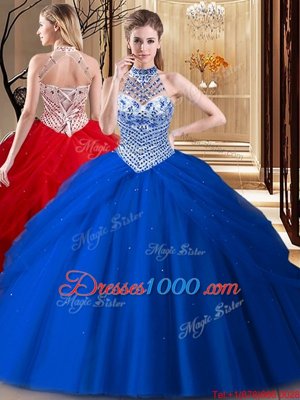 High Quality Halter Top Beading and Pick Ups 15 Quinceanera Dress Royal Blue Lace Up Sleeveless With Brush Train