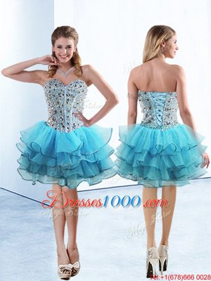 High Class Baby Blue Sleeveless Knee Length Beading and Ruffled Layers Lace Up Pageant Dress for Girls