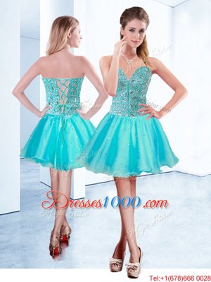 Simple Aqua Blue Organza Lace Up Cocktail Dresses Sleeveless Mini Length Beading