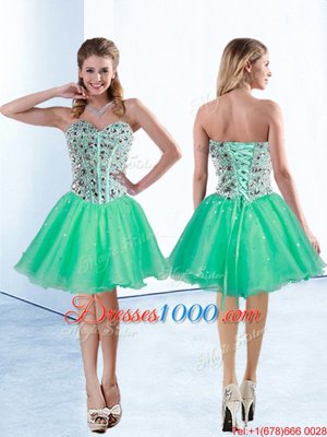 Customized Turquoise Lace Up Cocktail Dresses Beading Sleeveless Knee Length