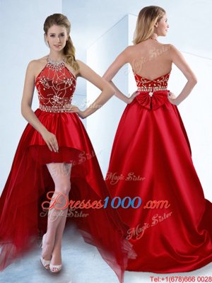 Red Zipper Halter Top Beading Cocktail Dresses Satin Sleeveless