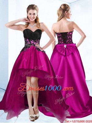 Amazing Sweetheart Sleeveless Cocktail Dresses High Low Appliques Fuchsia Satin