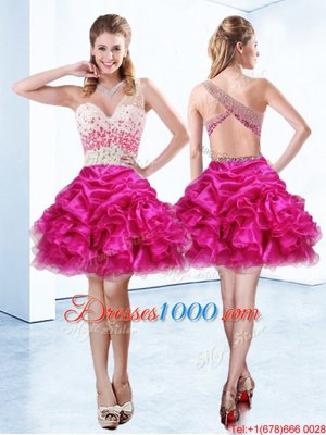 One Shoulder Sleeveless Criss Cross Knee Length Beading and Ruffles and Pick Ups Cocktail Dress