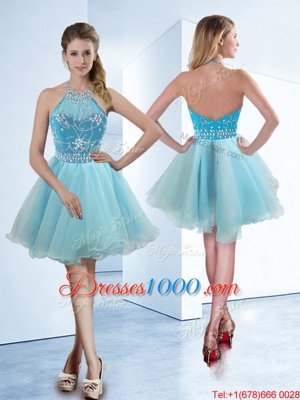 Gorgeous Halter Top Sleeveless Knee Length Beading Zipper Cocktail Dresses with Light Blue