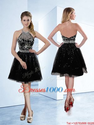 Sophisticated Halter Top Black A-line Beading Cocktail Dresses Zipper Tulle Sleeveless Knee Length