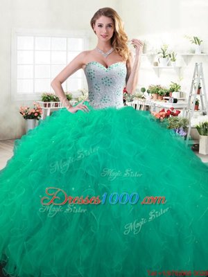 Inexpensive Green Ball Gowns Beading and Ruffles Quinceanera Dress Lace Up Tulle Sleeveless Floor Length