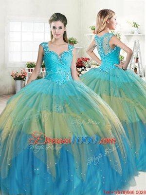 Fancy Multi-color Straps Neckline Beading and Ruffled Layers Quince Ball Gowns Sleeveless Zipper