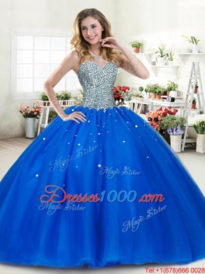 Flare Beading Sweet 16 Dress Royal Blue Lace Up Sleeveless Floor Length