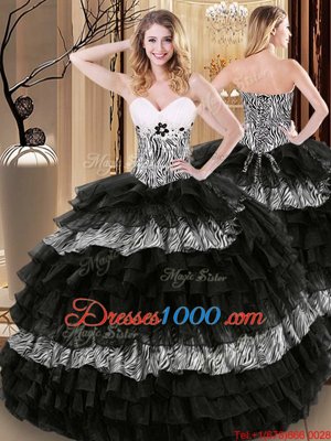 Affordable Printed Ruffled Floor Length Ball Gowns Sleeveless Black Quince Ball Gowns Lace Up