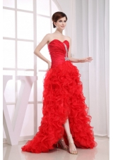 Beading High-low Red Mermaid Prom Dress Organza Ruffles