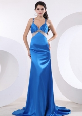 Sky Blue Straps Satin Prom Dress With Beading Brush