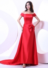 Off The Shoulder Red Prom Dress Bowknot Brush Train