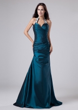 Turquoise Halter Taffeta prom Dress with Applique