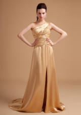 Champagne Prom Dress Beading One Shoulder High Slit